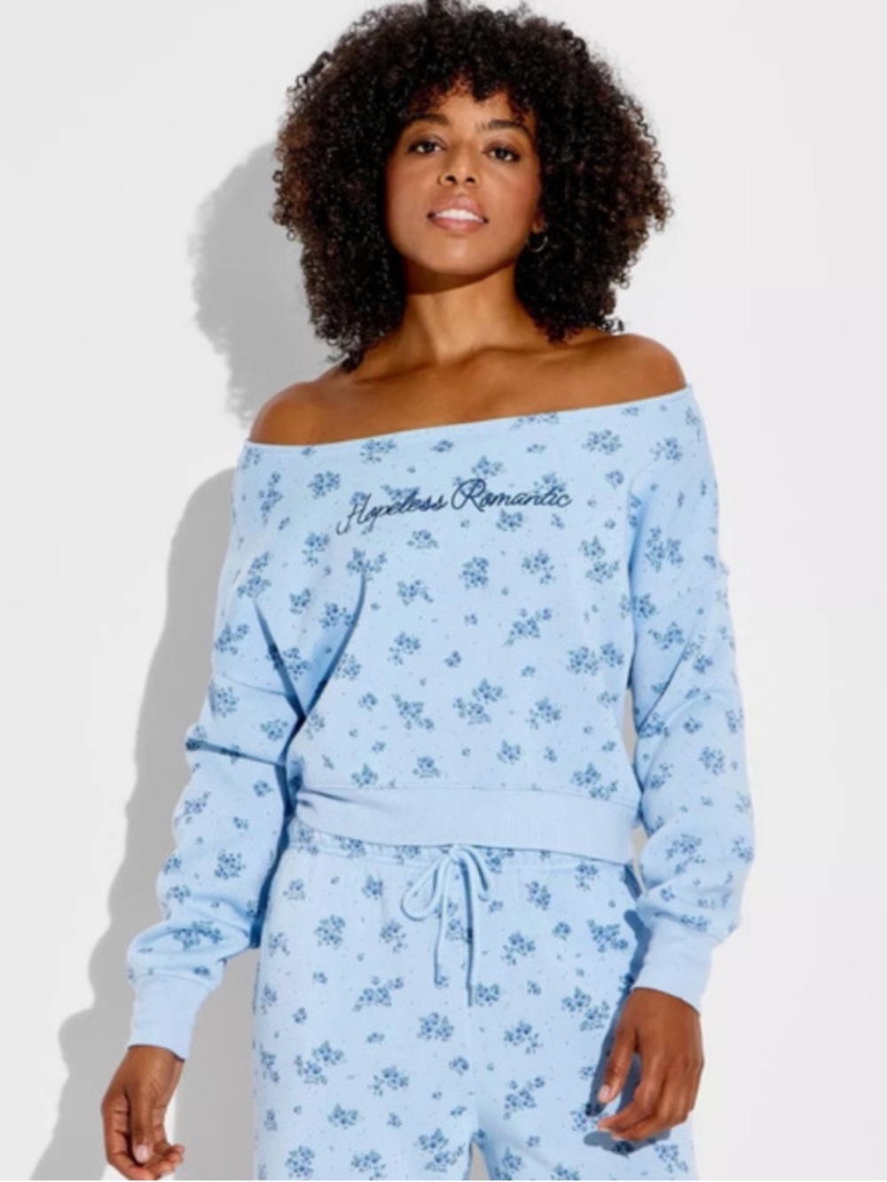 Mighty Fine Light Blue 'Hopeless Romantic' Floral Cropped Sweatshirt